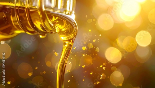 黄金色のオリーブオイルがボケの光の中で瓶に注がれるクローズアップ