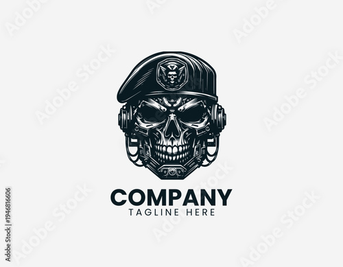 Military skull wearing beret black vector logo illustration isolated on white background