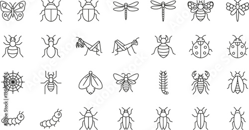 Collection of 25 black and white insect and arachnid line icons including butterflies, beetles, spiders, ants, bees, dragonflies, scorpions, moths, and caterpillars