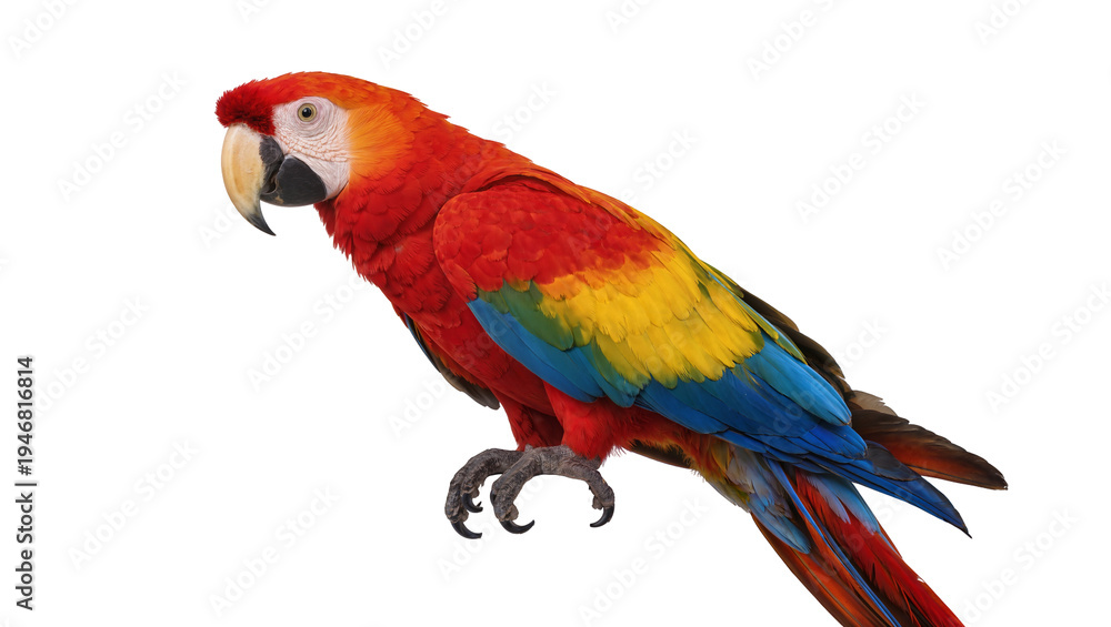 Fototapeta premium Isolated vibrant Scarlet Macaw, a beautiful tropical bird with colorful plumage standing on a perch