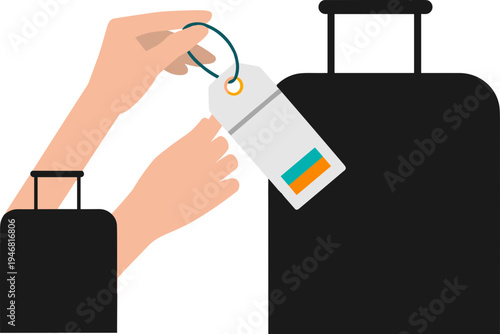Person attaching luggage tag to suitcase handle at airport