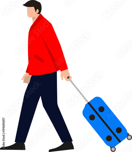 Man walking with blue luggage cart in airport terminal area