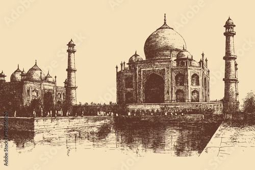 Taj Mahal, India illustration in a vintage style. This vector illustration can be used in any size you like for advertising, logos, and other work.
