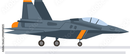A gray fighter jet with orange accents taxis on the runway.