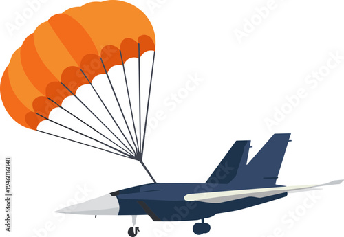 A fighter jet deploys a parachute while flying through the sky.