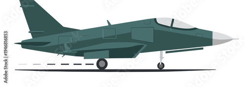 A military fighter jet takes off on a runway with a sleek design and dark green camouflage paint.