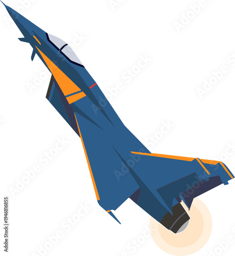A sleek blue fighter jet soars through the sky with orange accents.