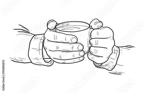 Male hands holding a mug of tea, black and white hand-drawn sketch. Vector illustration. Morning mug of hot coffee in hands isolated on white background.