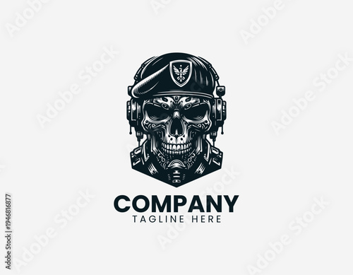 Military skull wearing beret black vector logo illustration isolated on white background