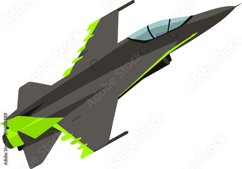 A sleek gray military fighter jet soars through the air with vibrant green accents.