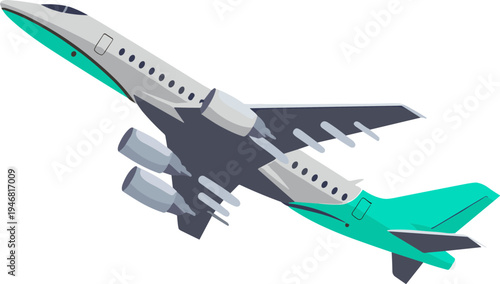 A colorful illustration of a large airplane flying through the air.