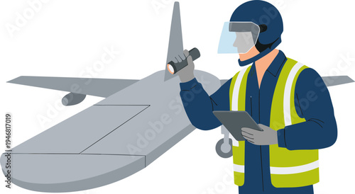 Technician inspecting drone with tablet outdoors on airfield