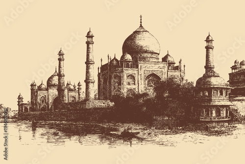 Taj Mahal, India illustration in a vintage style. This vector illustration can be used in any size you like for advertising, logos, and other work.
