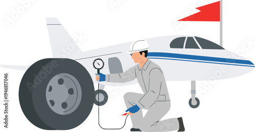 Mechanic inflating airplane tire on runway with gauge and tools