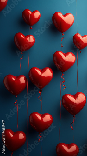 Red Heart-shaped Balloons Hanging on Teal Textured Background, Valentine's Day Romantic Celebration Theme Visual