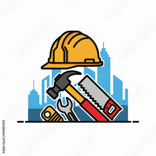 Construction Tools Hard Hat Hammer Wrench Saw.