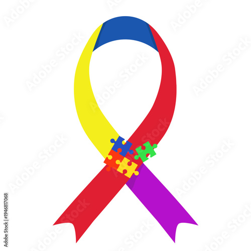 A blue ribbon with puzzle pieces, a symbol of autism awareness. Vector illustration. Illustration for the month dedicated to World Autism Awareness Day (April 2).