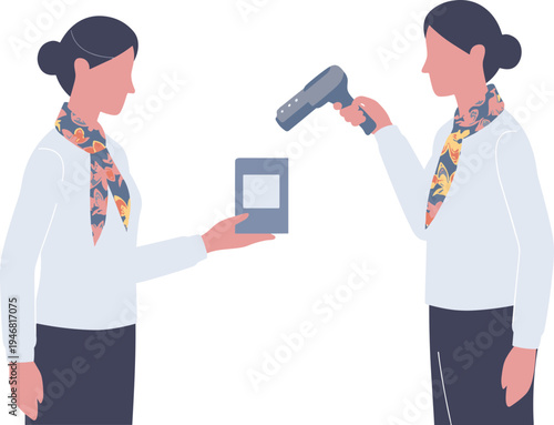 Two flight attendants interact with a tablet and scanner on board
