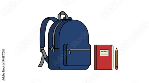 Flat vector illustration of a school backpack with notebook and ruler, simple shapes