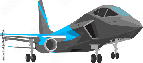 A sleek gray futuristic jet airplane with blue accents taxis on the runway.