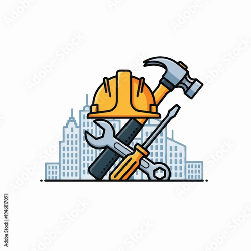 Construction Tools Hard Hat Wrench Hammer.