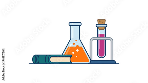 Flat vector illustration of a laboratory flask and test tube with a small book, simple shapes