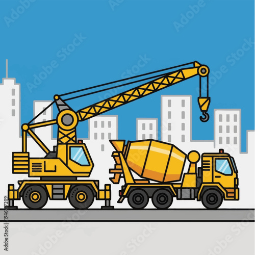 Yellow Cement Mixer Truck with Crane.