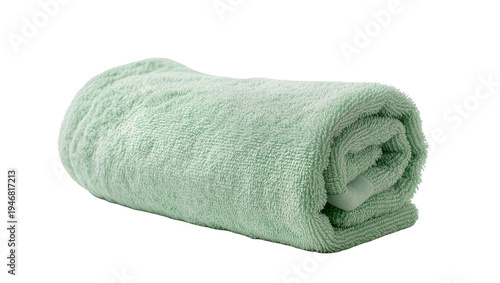 Tableau sur toile Isolated soft pastel green terrycloth towel, neatly rolled for bath, spa, or bea