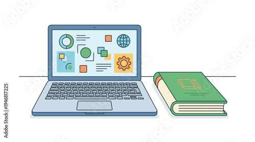 Flat vector illustration of a laptop with a book beside it representing digital learning