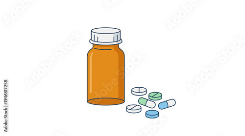 Flat vector illustration of a medicine bottle with pills beside it
