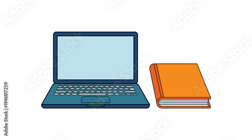 Flat vector illustration of a laptop with a book beside it representing digital learning
