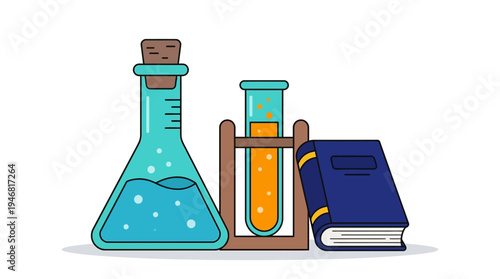 Flat vector illustration of a laboratory flask and test tube with a small book, simple shapes
