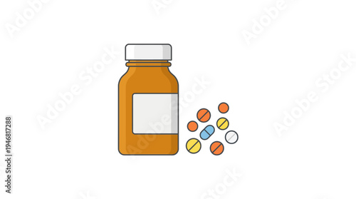 Flat vector illustration of a medicine bottle with pills beside it