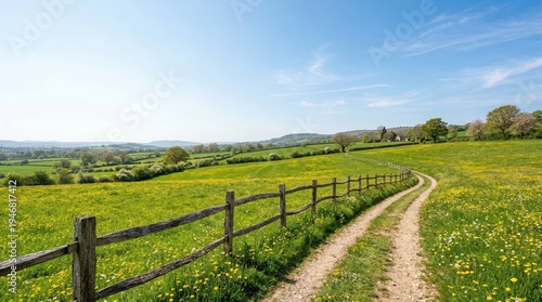 Sentiero sterrato che si snoda in un vasto prato fiorito con staccionata di legno. Generative AI 