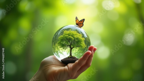 glass earth globe with growing tree in human hand butterfly on green background ecology world earth day concept