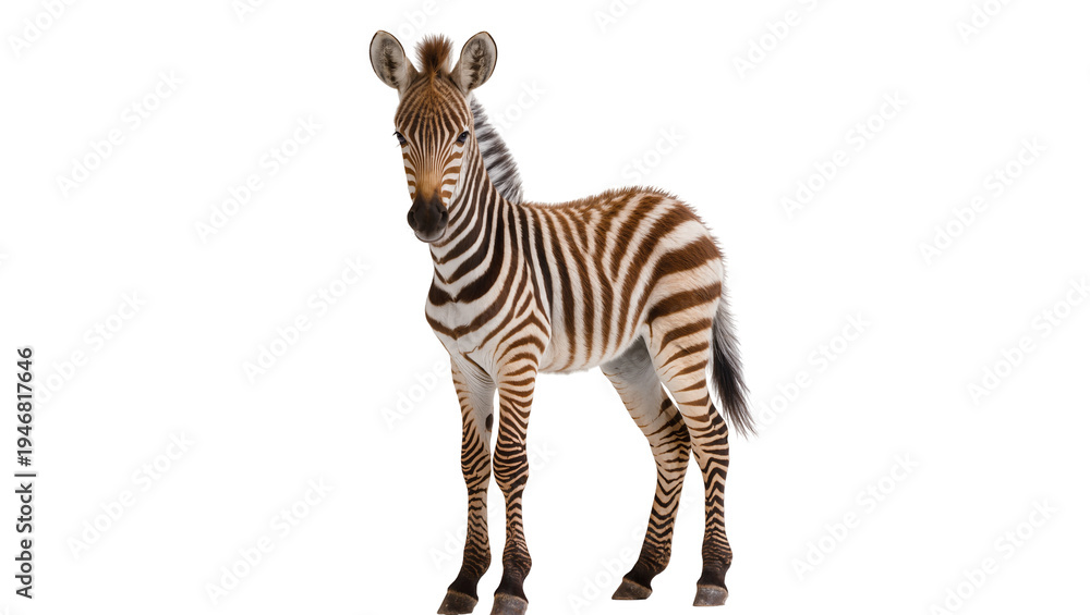 Obraz premium Isolated adorable young zebra foal standing still and looking at the camera attentively
