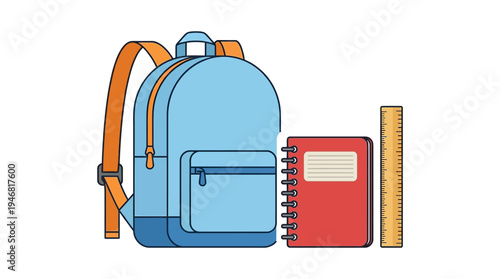 Flat vector illustration of a school backpack with notebook and ruler, simple shapes