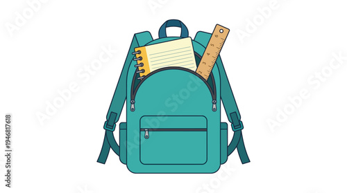 Flat vector illustration of a school backpack with notebook and ruler, simple shapes