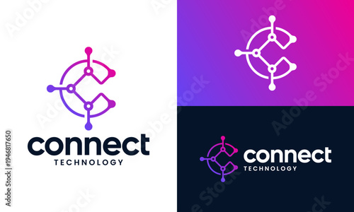 Technology connection logo design. Initial letter C with Abstract dot, molecule and network system symbol graphic icon