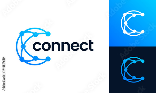 Technology connection logo design. Initial letter C with Abstract dot, molecule and network system symbol graphic icon