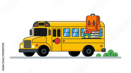 Flat vector illustration of a school bus with a backpack and books 