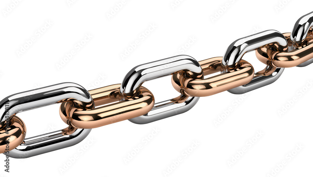 Fototapeta premium Isolated elegant luxury two-tone metallic chain with silver and rose gold interlocking links