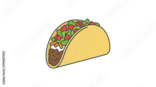Flat vector illustration of a taco with lettuce and tomato