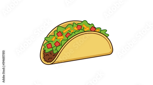 Flat vector illustration of a taco with lettuce and tomato