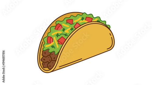 Flat vector illustration of a taco with lettuce and tomato