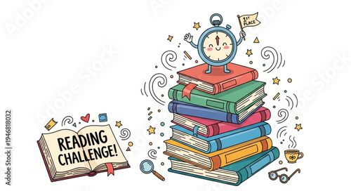 Stack of books with a stopwatch on top and reading challenge sign.