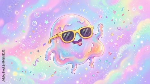 Surreal blob creature wearing sunglasses in pastel void, playful silliness