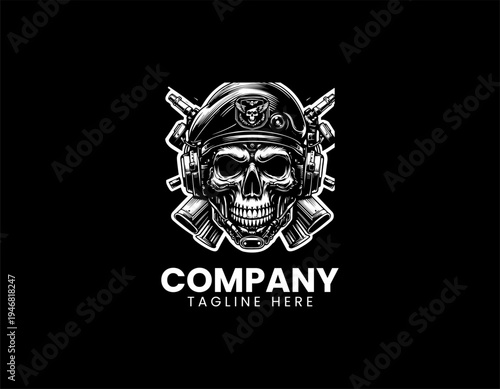 Military skull wearing beret black vector logo illustration isolated on white background