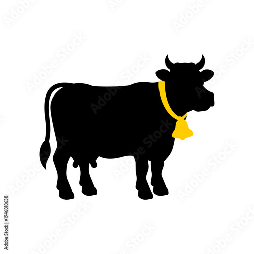 Black silhouette of a cow with a yellow bell. Minimalist animal icon for dairy farm, organic milk products and agriculture branding. Isolated on white.