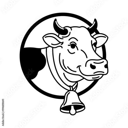 cow head inside a circle, featuring a bell. Logo concept for dairy farm, organic milk, or cattle breeding.